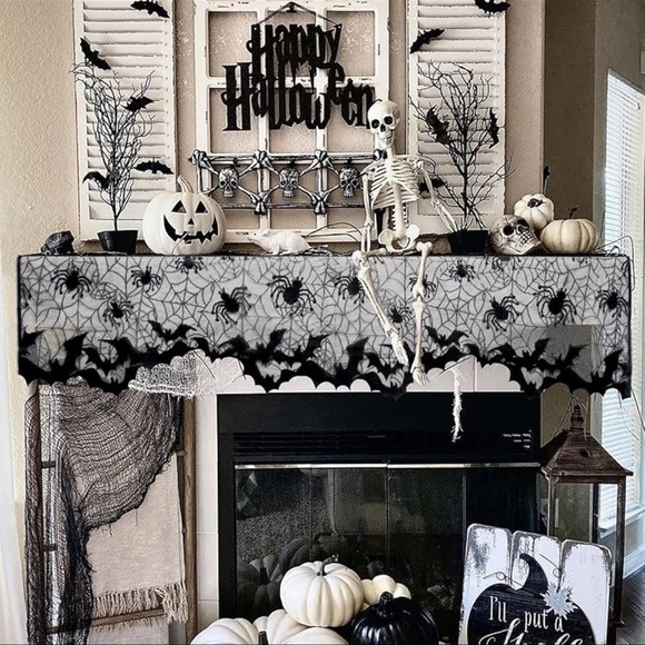 Halloween Lace Tablecloth & Mantel Scarf Set Spiderweb Black Gothic Décor - Picture 3 of 3